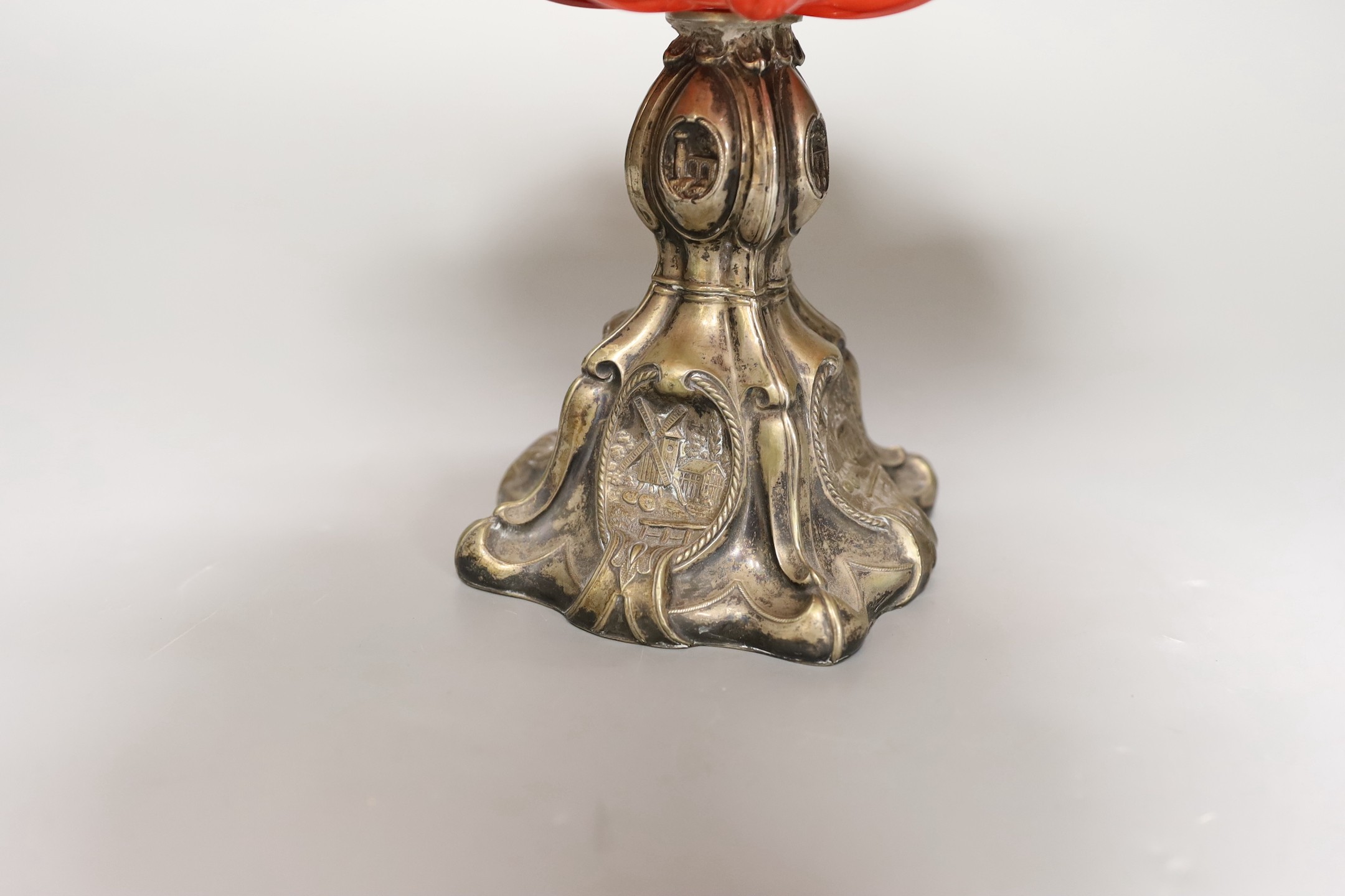 A Bohemian overlaid glass centrepiece with associated Dutch (?) white metal base, 20cm tall